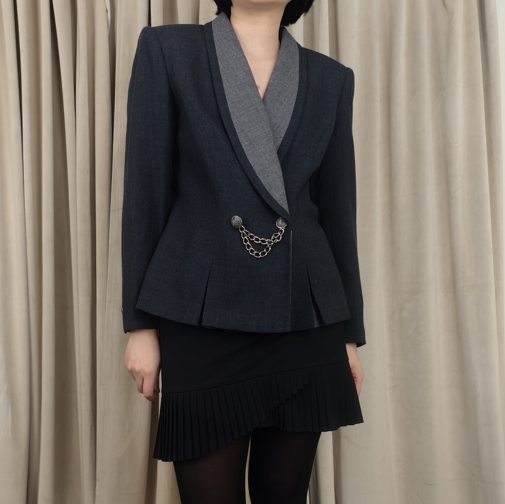 Vintage Kasper Gray Wool Blazer with Chain Accent